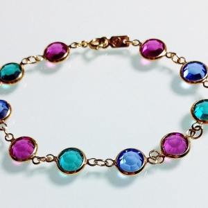 Винтажный браслет-цепочка от "Swarovski" с кристаллами Bezel аметистового, голубого и цвета морской волны